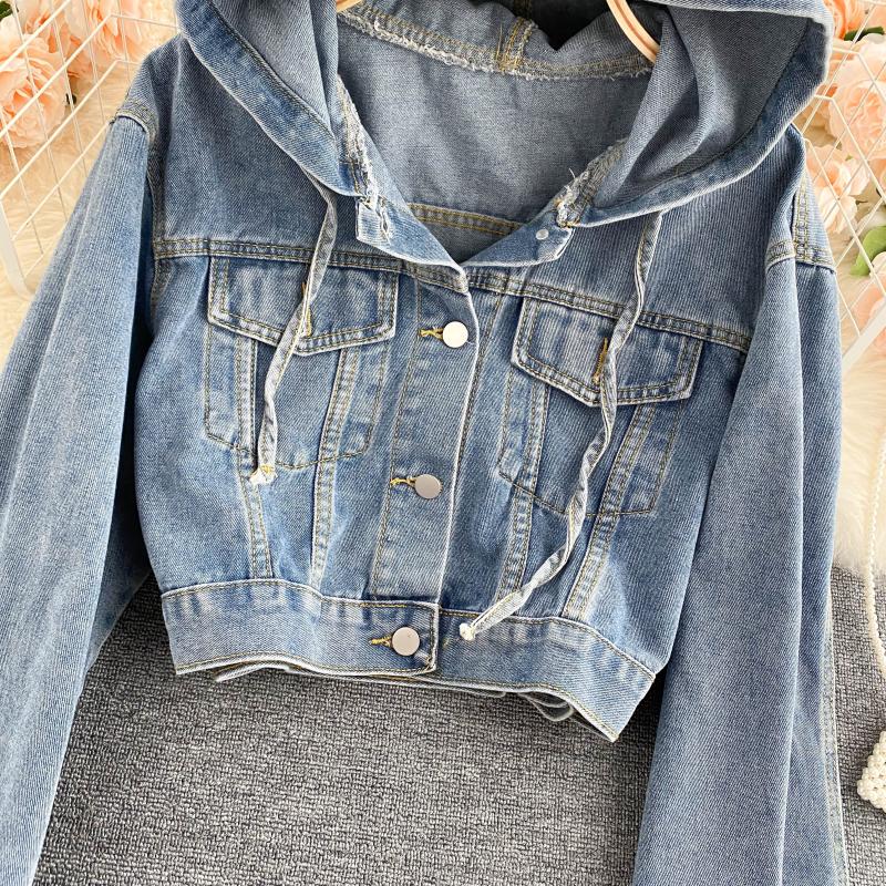 Fashionable denim long-sleeved top and hooded cropped top  248