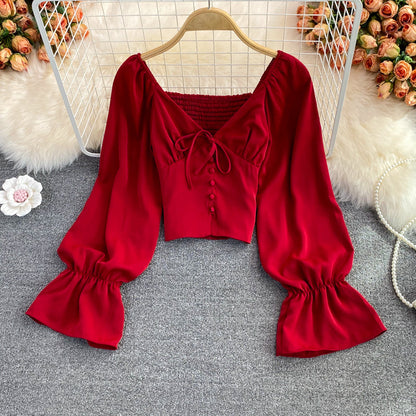 Cute v neck long sleeve tops crop tops  262