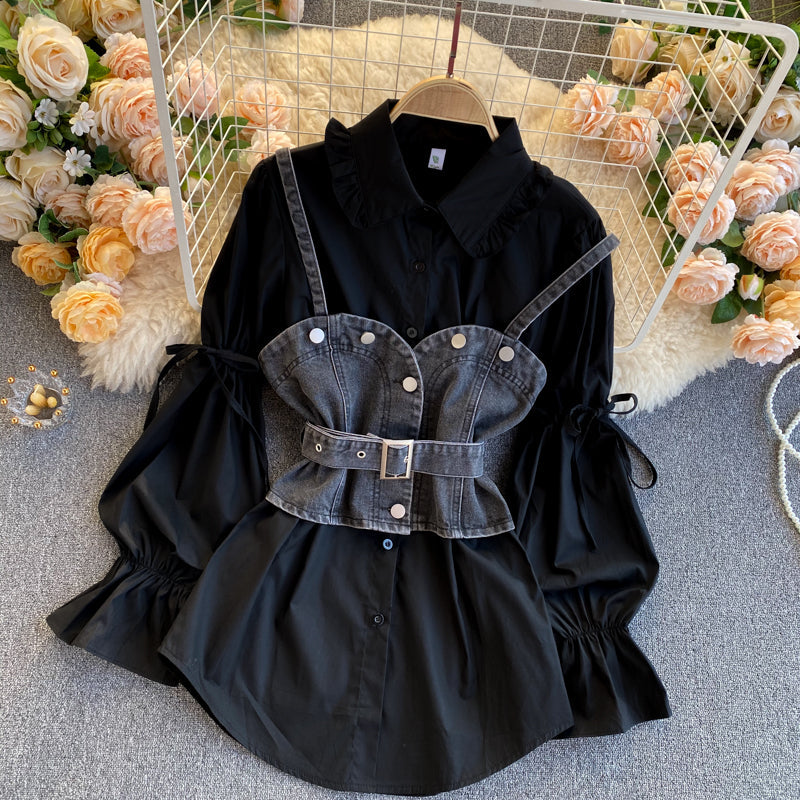 Simple shirt, puff sleeves, loose, versatile denim camisole, stacking two-piece suit  261