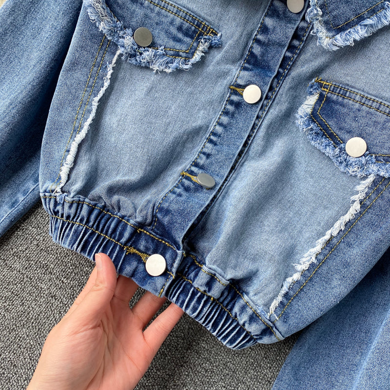 Chic denim long-sleeved cropped top  247