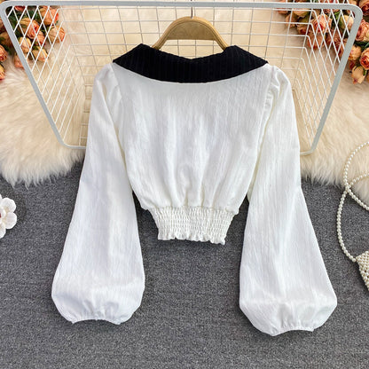 Cute v neck long sleeve top crop top  258