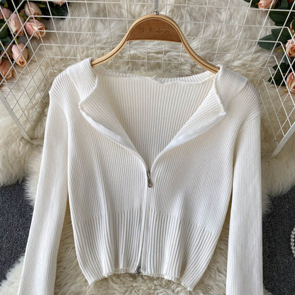 Simple striped long-sleeved hooded sweater short top  254