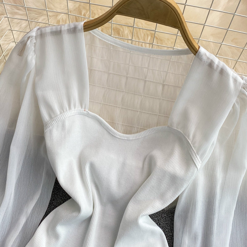 Simple sweetheart neck long sleeve top  252