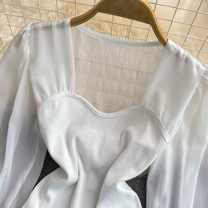 Simple sweetheart neck long sleeve top  252