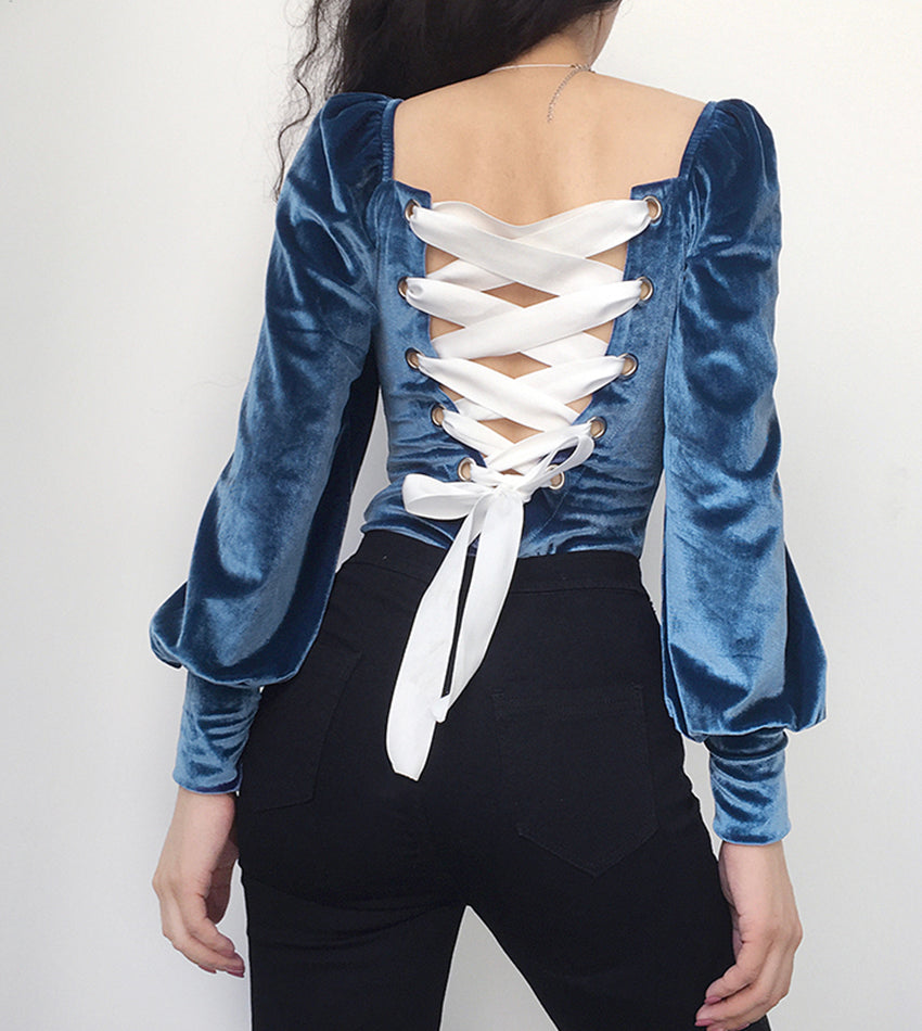 Romantic back tie one-piece top long sleeve velvet tops  387