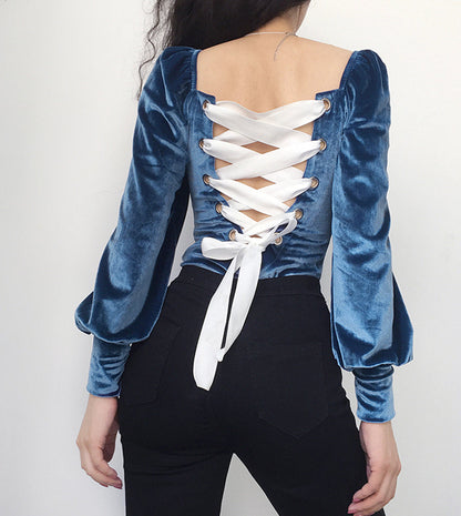 Romantic back tie one-piece top long sleeve velvet tops  387