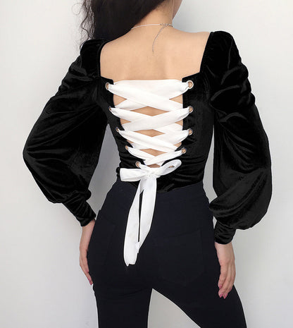 Romantic back tie one-piece top long sleeve velvet tops  387