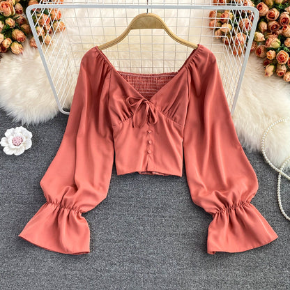 Cute v neck long sleeve tops crop tops  262