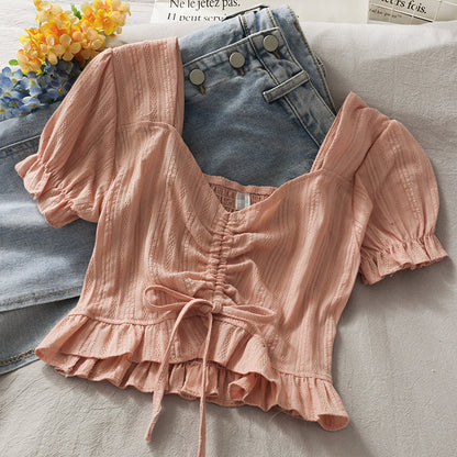 Simple drawstring short sleeve crop top  292