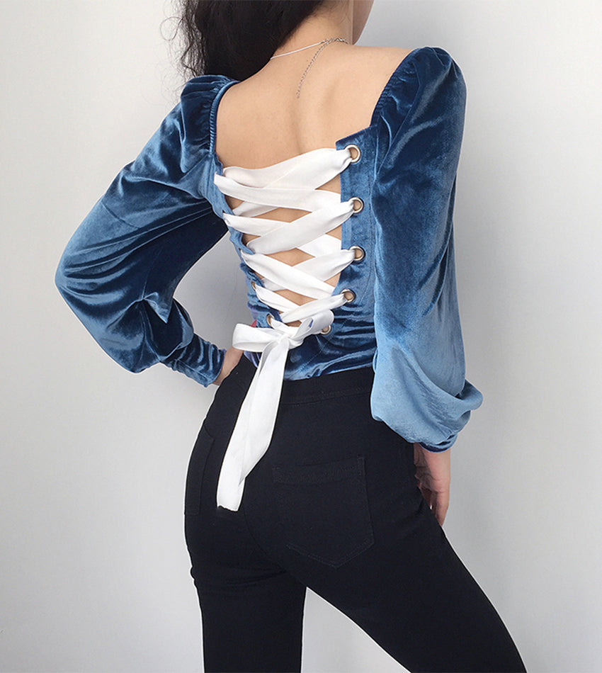 Romantic back tie one-piece top long sleeve velvet tops  387