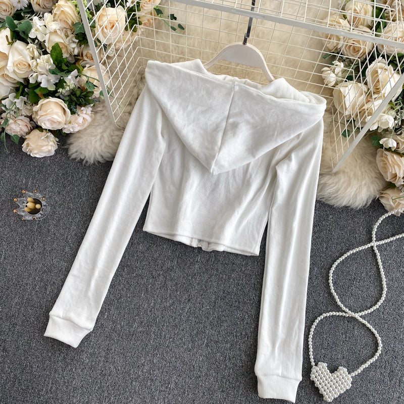 Fashionable autumn long-sleeved short jacket white hoodie  249