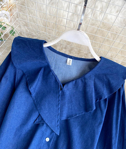 Sweet denim long-sleeved top cute blue lapel top  382
