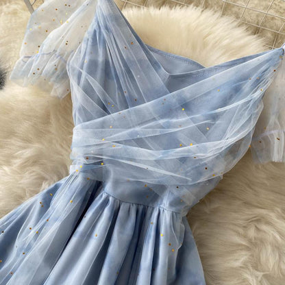 Blue tulle short A line dress fashion dress  390