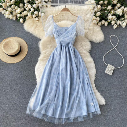 Blue tulle short A line dress fashion dress  390