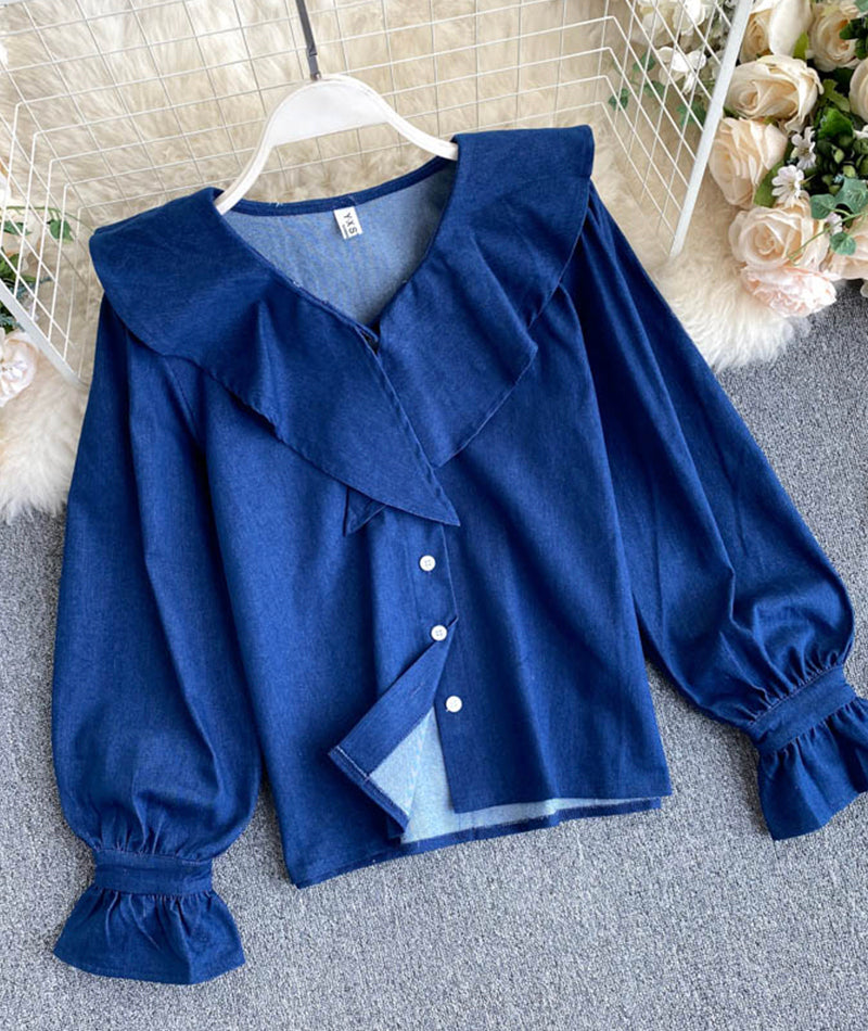 Sweet denim long-sleeved top cute blue lapel top  382