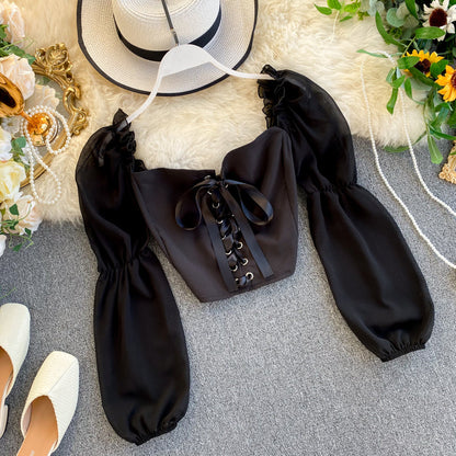 Cute lace-up tops long sleeve tops  318