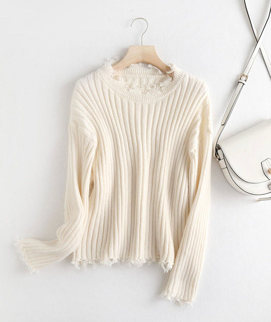 White fringed sweater white long-sleeved sweater top  110