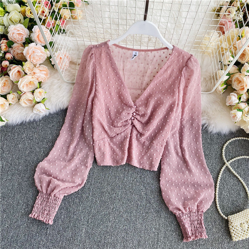 Cute v neck long sleeve crop tops  311