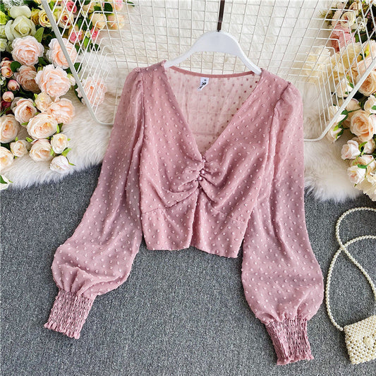 Cute v neck long sleeve crop tops  311