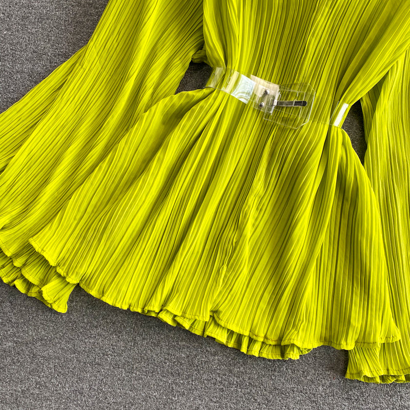 New v-neck pleated chiffon flared sleeve top  312