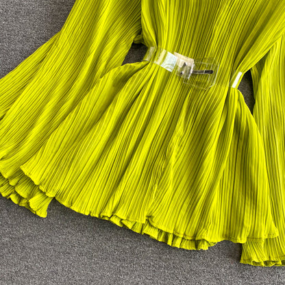 New v-neck pleated chiffon flared sleeve top  312