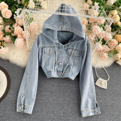 Fashionable denim long-sleeved top and hooded cropped top  248