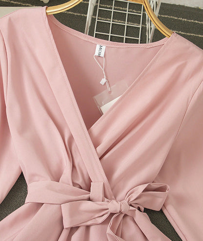Stylish v-neck irregular top long sleeve flared top  378