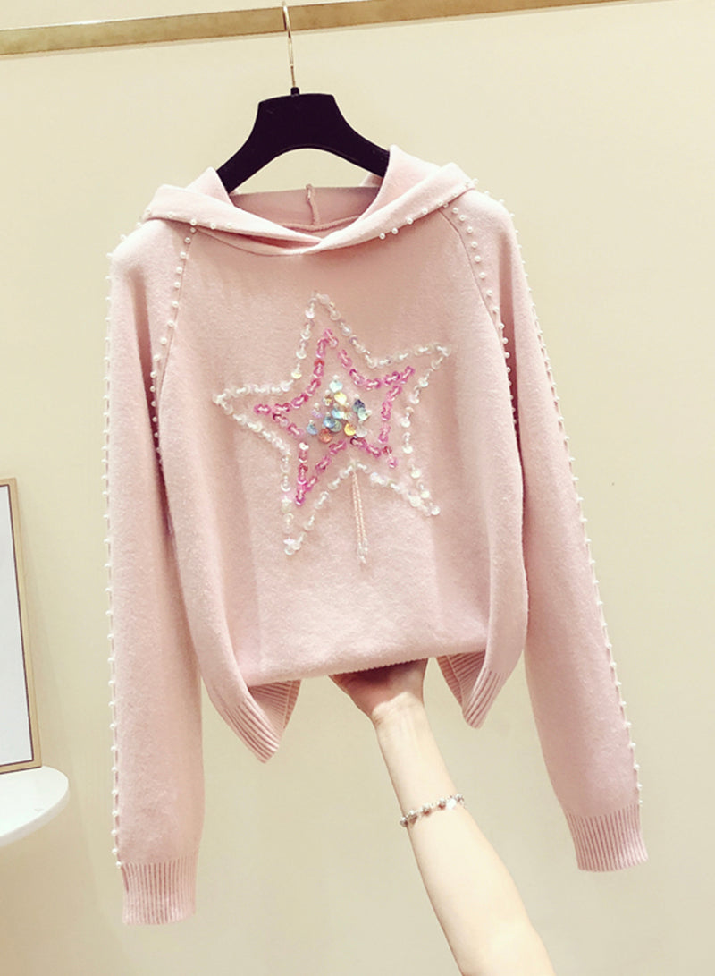 Pink long sleeve sweater round neck hooded sweater  242