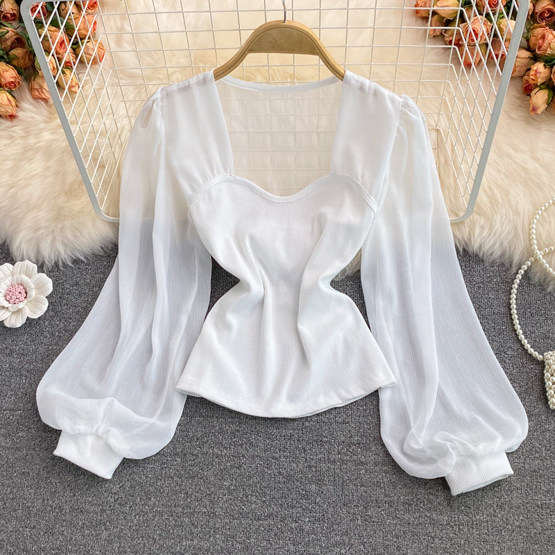 Simple sweetheart neck long sleeve top  252