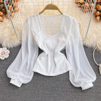 Simple sweetheart neck long sleeve top  252