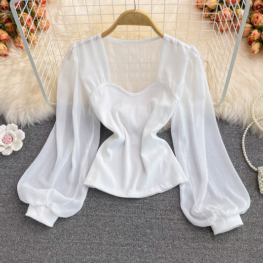 Simple sweetheart neck long sleeve top  252