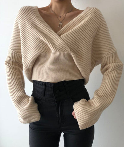 Sweater stylish v-neckline cross long sleeve sweater white  117