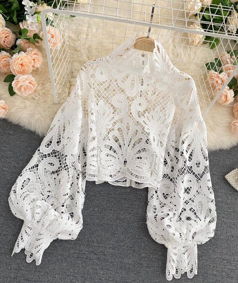 Stylish hollow lace top puff sleeve top  381
