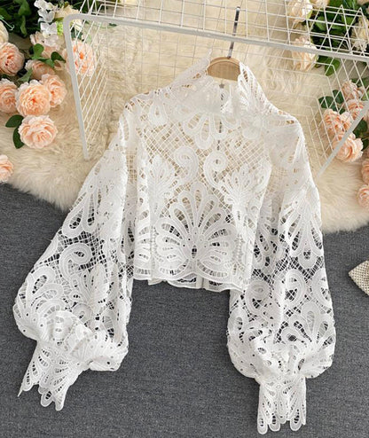 Stylish hollow lace top puff sleeve top  381