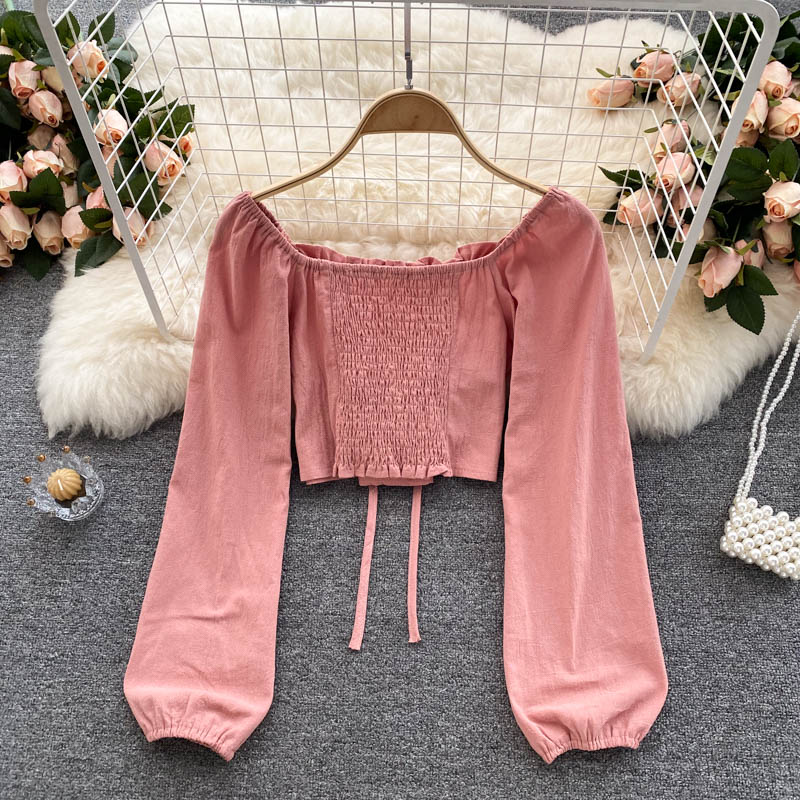 Cute long sleeve lace up tops 270