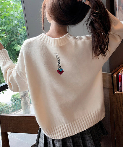 Cute round neck loose sweater strawberry embroidery long sleeve sweater  108
