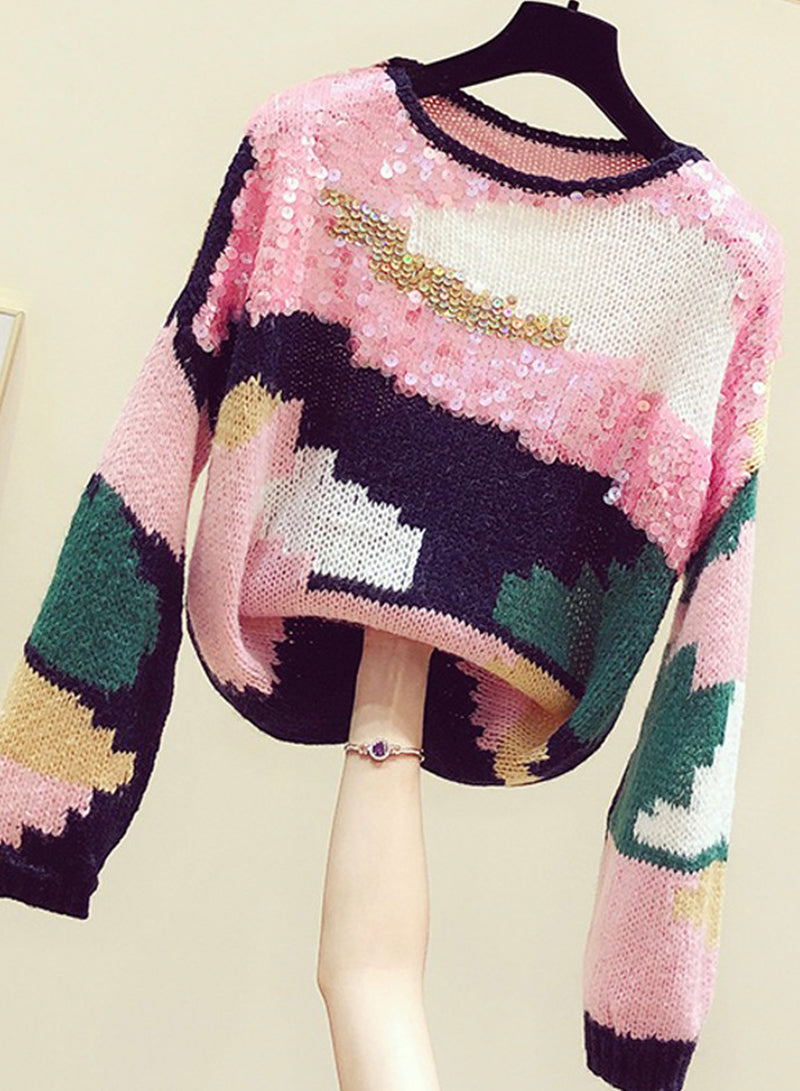 Cute colorful long sleeve sweater round neck sequins sweater  130