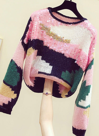 Cute colorful long sleeve sweater round neck sequins sweater  130