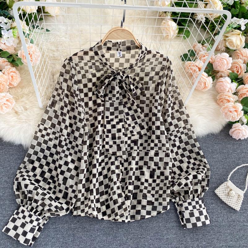 Retro bow round neck long-sleeved check chiffon shirt  316