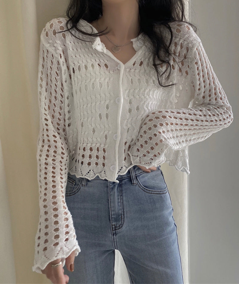White hollow out long sleeves cropped cardigan  152