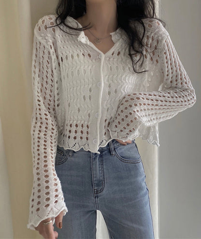 White hollow out long sleeves cropped cardigan  152