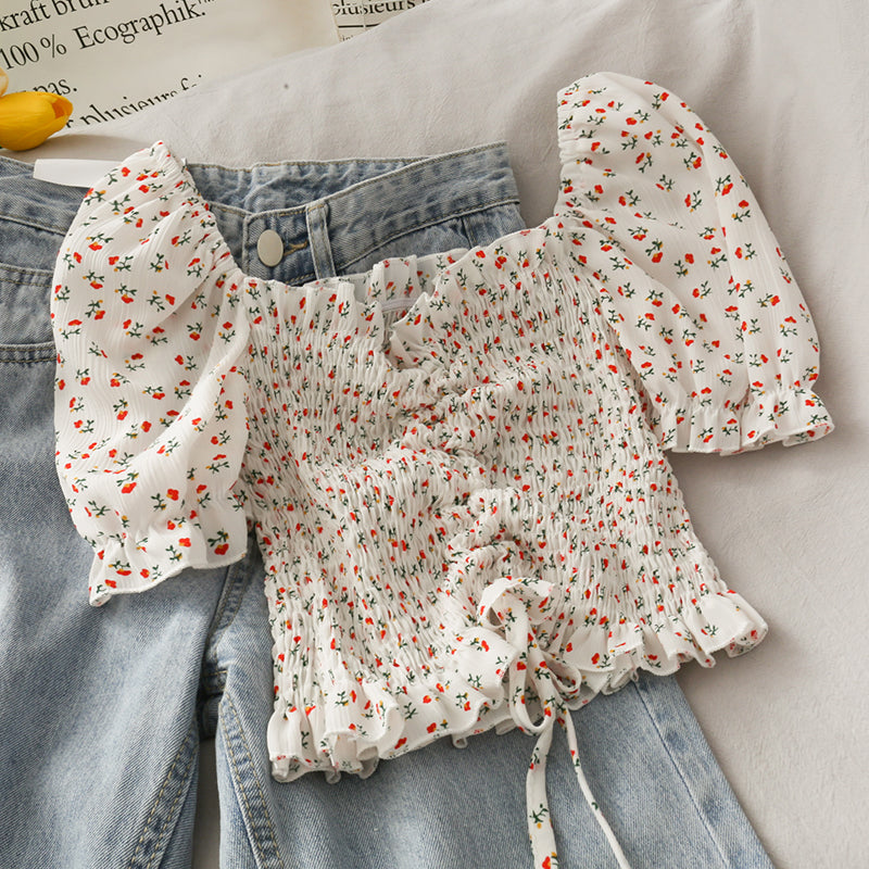 Cute floral drawstring crop top  293