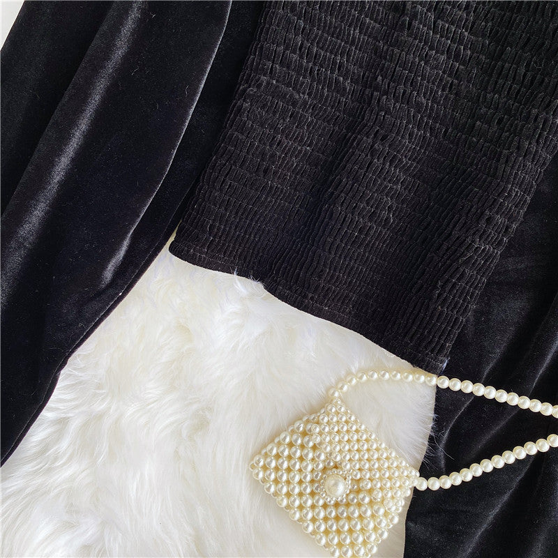 Black velvet long sleeve tops  319