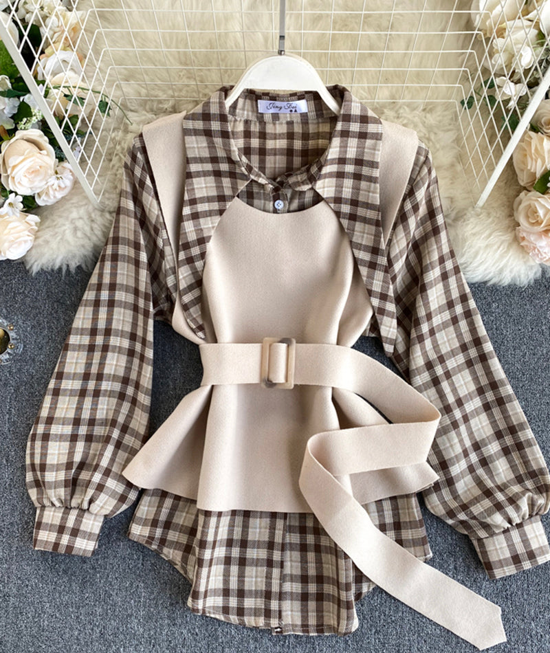 Unique plaid shirt + vest two-piece suit  384