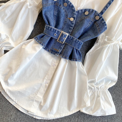 Simple shirt, puff sleeves, loose, versatile denim camisole, stacking two-piece suit  261