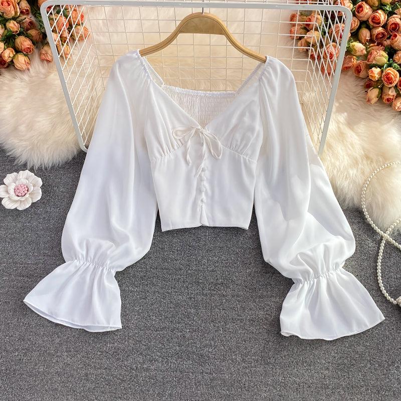 Cute v neck long sleeve tops crop tops  262