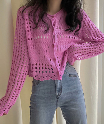 White hollow out long sleeves cropped cardigan  152