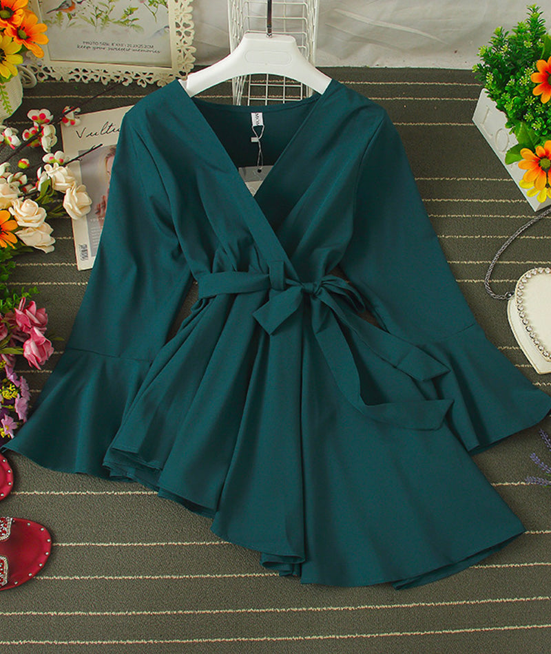 Stylish v-neck irregular top long sleeve flared top  378