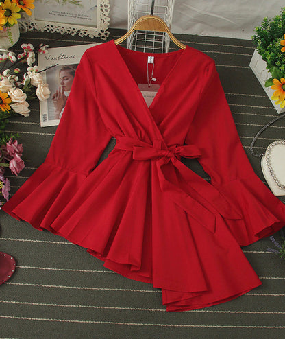 Stylish v-neck irregular top long sleeve flared top  378