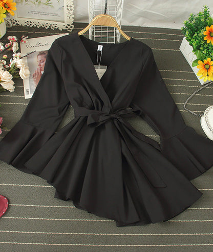 Stylish v-neck irregular top long sleeve flared top  378